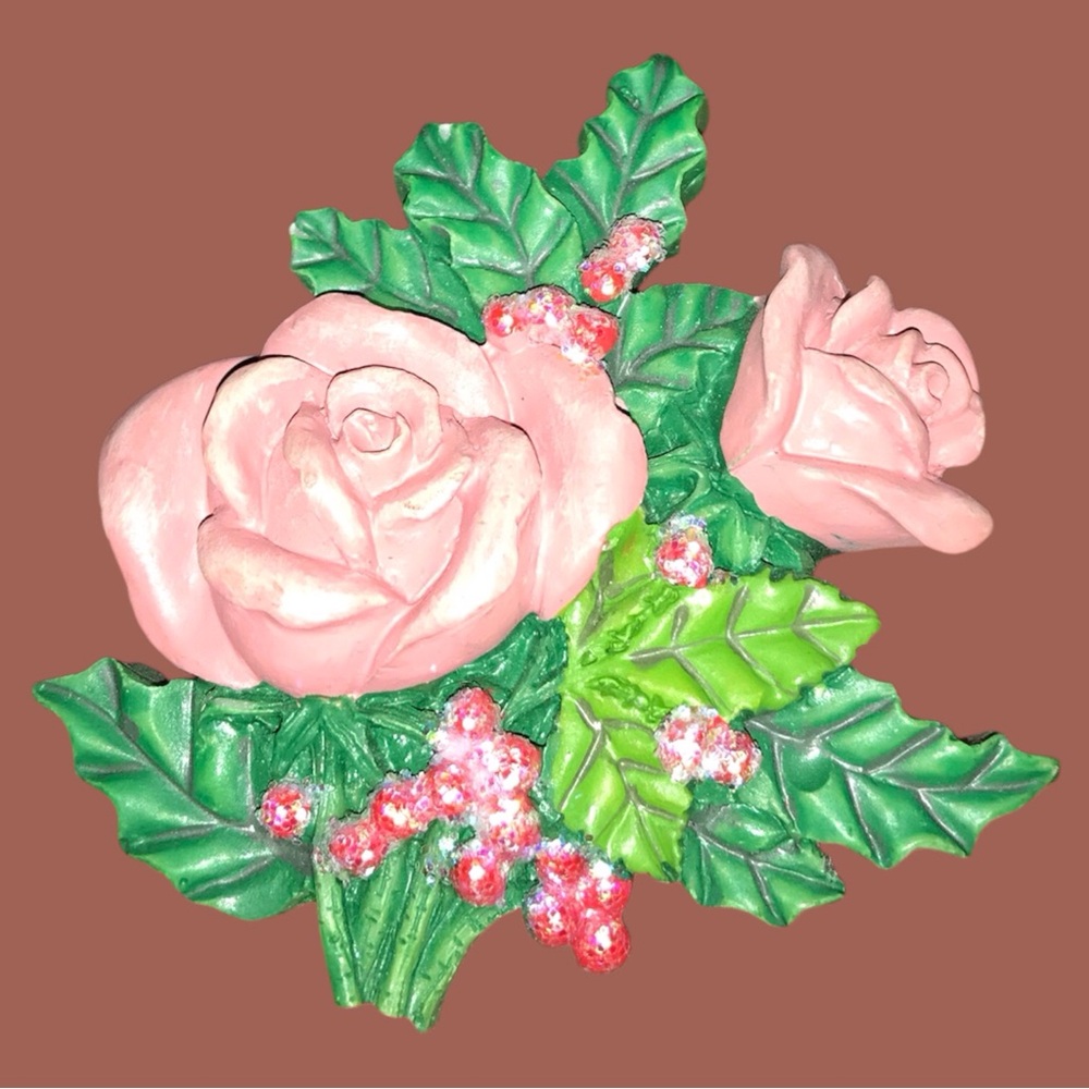 Vintage 1970 Floral Pink and Green Brooch